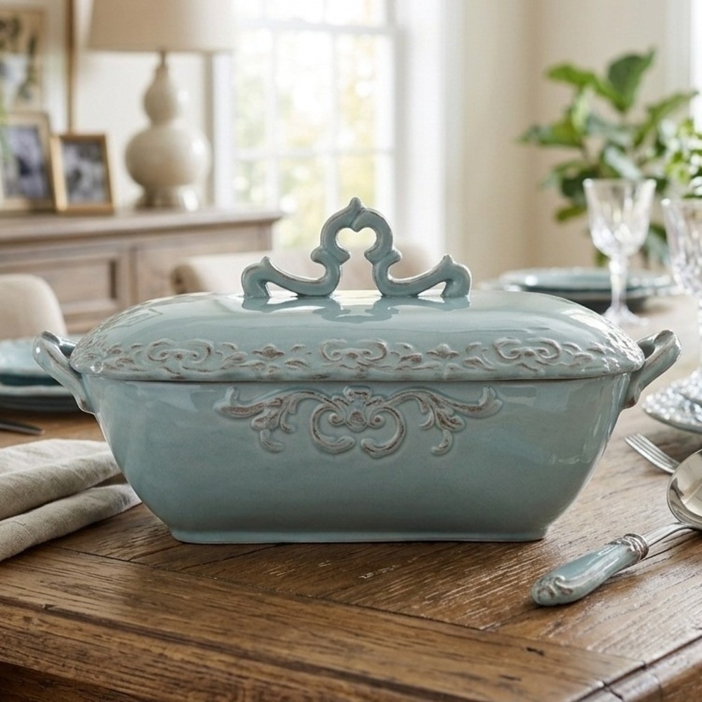 VTG Home Essentials & Beyond Madison Light Blue Ceramic Lidded Tureen Dish